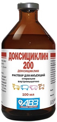 Доксициклин 200 (в 1 мл: доксициклина гиклат-200 мг), раствор для инъекций. Для лечения крс, мрс, свиней.