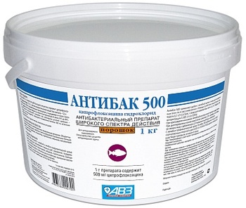 Антибак-500 -  (в 1 г: ципрофлоксацина гидрохлорид-0,5 г)- порошок для изготовления лечебного антибактериального корма в хозяйстве для всех видов рыб.