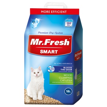 Наполнитель Mr.Fresh Smart древесный комкующийся, для длинношерстных кошек, 18 л (8,8 кг)