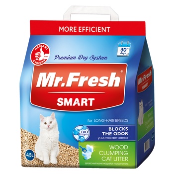 Наполнитель Mr.Fresh Smart древесный комкующийся, для длинношерстных кошек 4,5л/2,2кг