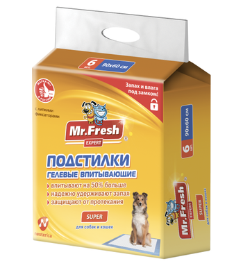 Подстилки Mr.Fresh Expert Super гелевые впитывающие, для собак и кошек,  Super 90*60 (6шт)