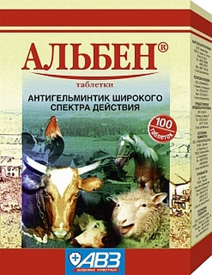 Альбен таблетки (в 1 г: альбендазол-0,36 г). Для крс, мрс,свиней, птицы, лошадей, пушных зверей, 100 таб.