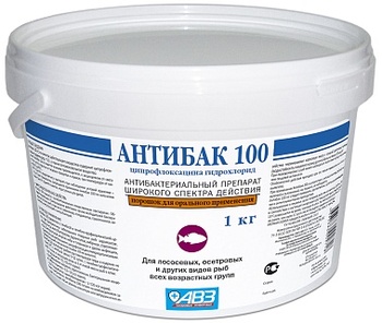 Антибак 100 (в 1 г: ципрофлоксацина гидрохлорид-0,1 г)- порошок для изготовления лечебного антибактериального корма в хозяйстве для всех видов рыб