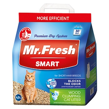 Наполнитель Mr.Fresh Smart древесный комкующийся, для короткошерстных кошек, 4,5л/2,1кг