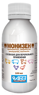 Монизен (в 1 мл: празиквантел-40 мг, ивермектин-1,7 мг) -пероральная суспензия для противопаразитарной обработки крс, мрс, свиней, птиц 100 мл