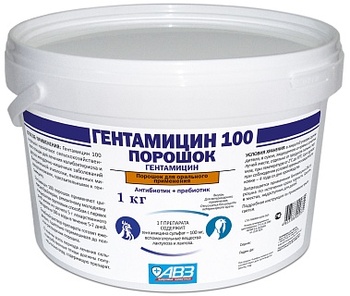 Гентамицин 100 (в 1 г: гентамицина сульфат-100 мг; лактулоза и лактоза), порошок для перорального применения. Для лечения птицы