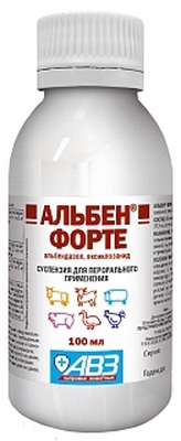 Альбен форте (в 1 мл: альбендазол-50 мг, оксиклозанид-37,5 г), суспензия для перорального применения.