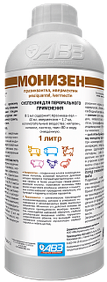 Монизен (в 1 мл: празиквантел-40 мг, ивермектин-1,7 мг) -пероральная суспензия для противопаразитарной обработки крс, мрс, свиней, птиц 1 л